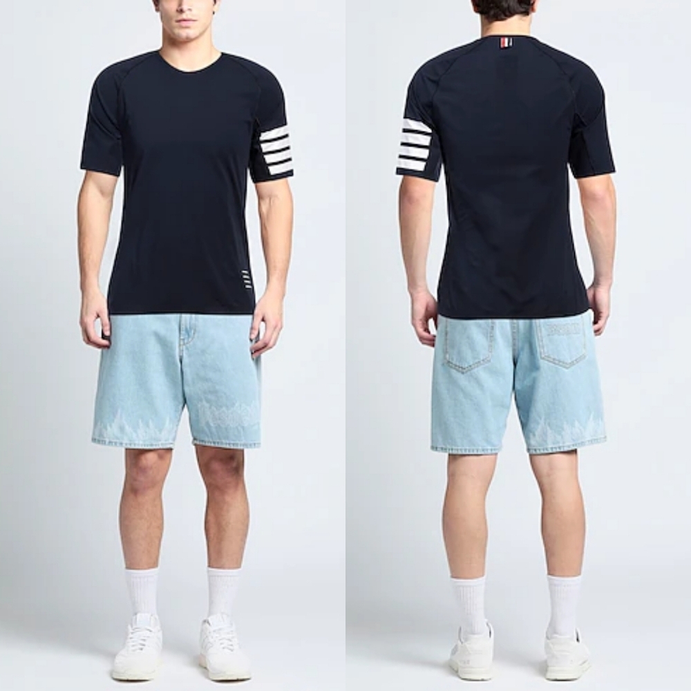 THOM BROWNE Men's Compression Short Sleeve Tee In Lightweight Tech In Navy XL.